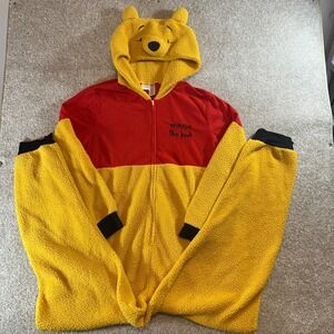 Disney Winnie the Pooh Hooded Fleece One Piece Pajama Jumpsuit Adult 2XL